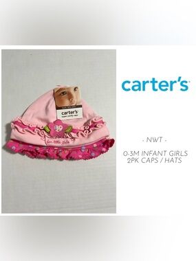 🆕CARTER’S - 0/3M - NWT - 2PK INFANT GIRLS PINK FLORAL DOT CAPS / HATS